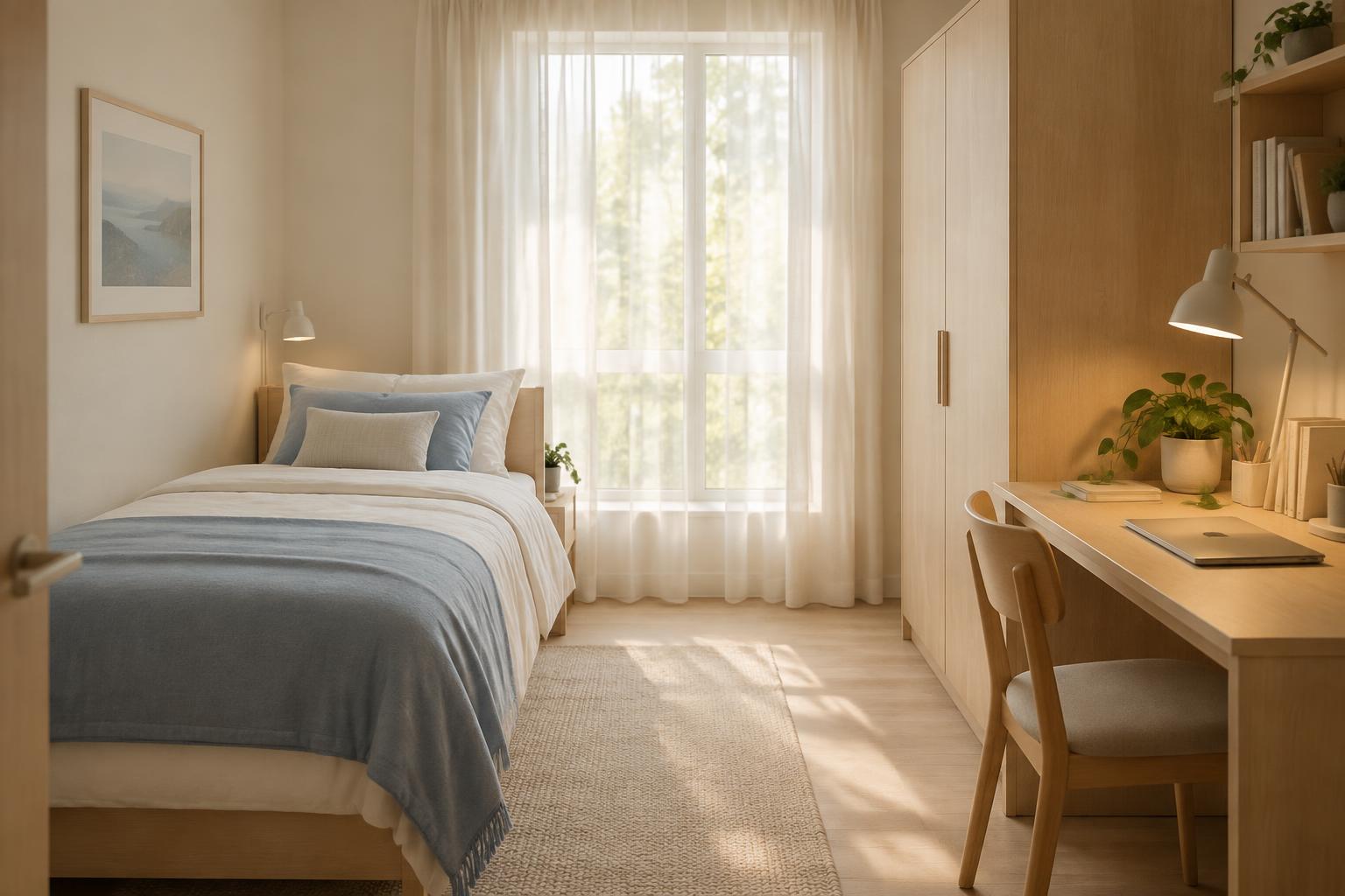 Private single student room with bed and study desk